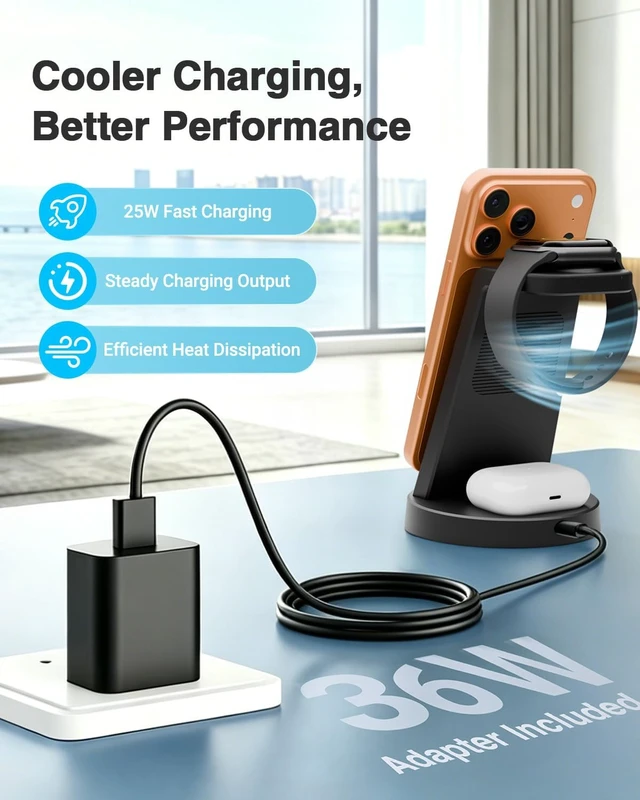 Alt view image 3 of 7 - 25W MagSafe Charging Station 3-in-1 Magnetic Wireless Charger for