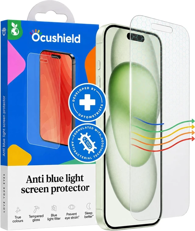 Main image of Anti Blue Light Tempered Glass Screen Protector of iPhone 15 Plus (6.7) Blocks Blue Light Prevents Eye Strain & Helps You Sleep Better 9H Hardness & Case Friendly