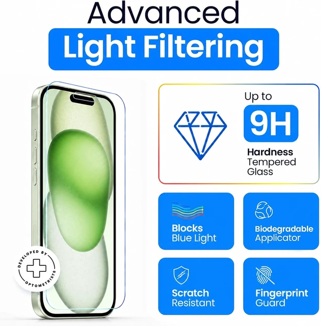 Alt view image 4 of 7 - Anti Blue Light Tempered Glass Screen Protector of iPhone 15 Plus (6.7) Blocks Blue Light Prevents Eye Strain & Helps You Sleep Better 9H Hardness & Case Friendly