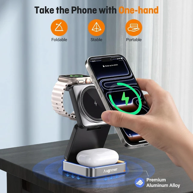 Alt view image 3 of 7 - 3 in 1 Wireless Charging Station for Devices Foldable Travel Magnetic Wireless Charger Stand for Magsafe with Night Light for iPhone 17/16/15/14/13/12 Watch & AirPods