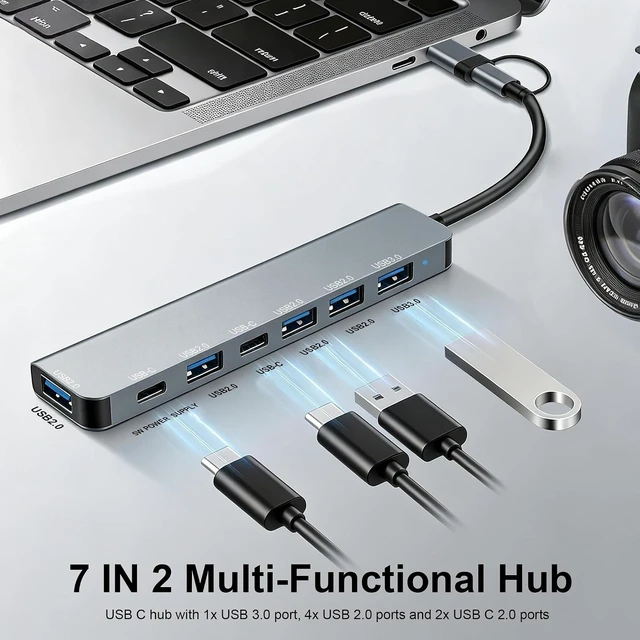 Alt view image 5 of 7 - USB C Hub USB Hub 3.0 Upgrade 7 in 2 USB Splitter with 1xUSB 3.0 4xUSB2.0 2xUSB C USB C & USB Hub Multiport Adapter USBC USB Dongle for PC/Laptop/Tablet/Mac/MacBook/iPad and More Devices