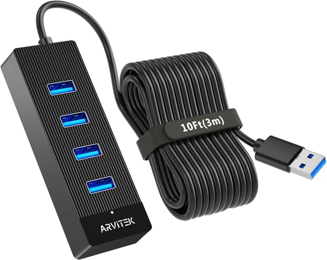 Main image of 10Ft 4-Port USB 3.0 Hub Long Cable for PC USB Extender Hub 5Gbps USB Multiport Adapter USB Splitter w/Long Cable for Desktop Laptop Flash Drive Mobile HDD USB Fan (10 Foot / 3m)