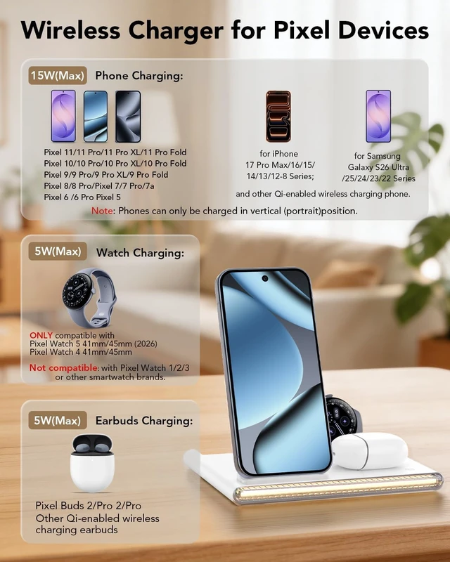 Alt view image 2 of 7 - 3 in 1 Foldable Wireless Fast Charging Station for Google Pixel Watch 5/4