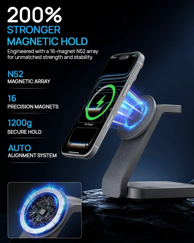Alt view image 4 of 7 - 3 in 1 Nightstand Wireless Charging Station for MagSafe Bedside Magnetic Charger Stand for iPhone 17 16 15 14 Foldable Travel Phone and Watch Dock with Night Light for Watch/AirPods