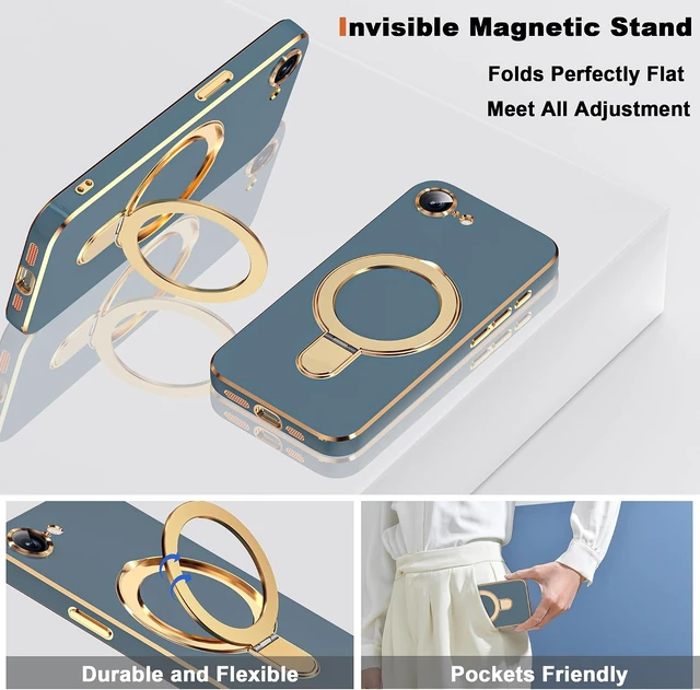Alt view image 6 of 7 - Plating Phone Case for iPhone 17E/16E with Stand 6.1 Grey Blue