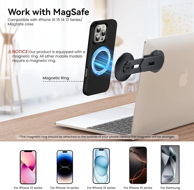 Alt view image 5 of 7 - Laptop Phone Holder Magnetic Phone Stand 15W Fast Wireless Charger for MagSafe for iPhone 17/16/15/14/13/12 & All Phones for Tesla (Black)