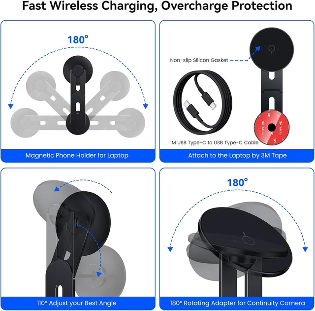 Alt view image 7 of 7 - Laptop Phone Holder Magnetic Phone Stand 15W Fast Wireless Charger for MagSafe for iPhone 17/16/15/14/13/12 & All Phones for Tesla (Black)