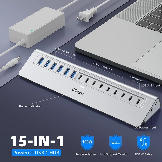 Alt view image 2 of 7 - Powered USB Hub 10Gbps 15-Port USB 3.2/USB C Hub (6 x USB-A 3.2 + 7 x USB-C 3.2 10Gbps +2 x PD 45W Fast Charging Ports) 3Ft Cable Aluminum USB Hub for PC/Laptop/iPhone 17/16/MacBook Neo