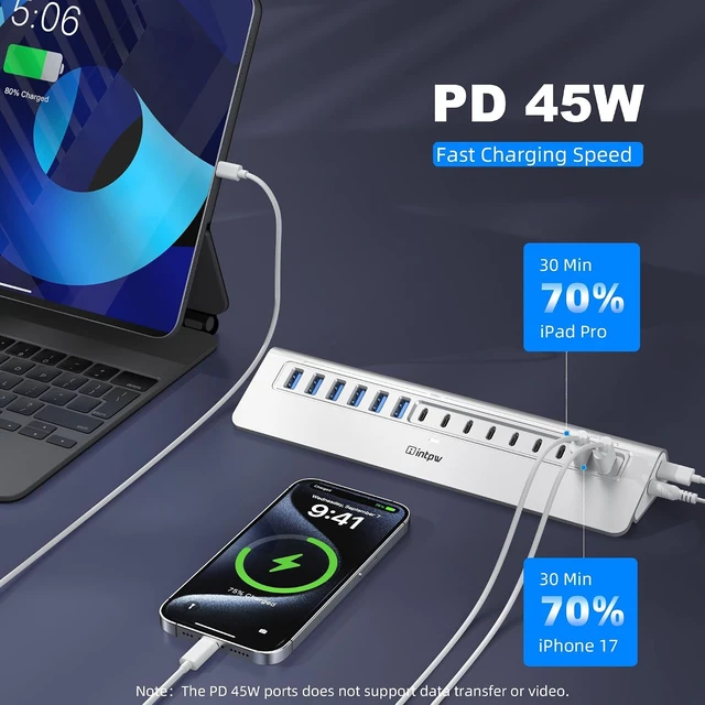 Alt view image 4 of 7 - Powered USB Hub 10Gbps 15-Port USB 3.2/USB C Hub (6 x USB-A 3.2 + 7 x USB-C 3.2 10Gbps +2 x PD 45W Fast Charging Ports) 3Ft Cable Aluminum USB Hub for PC/Laptop/iPhone 17/16/MacBook Neo