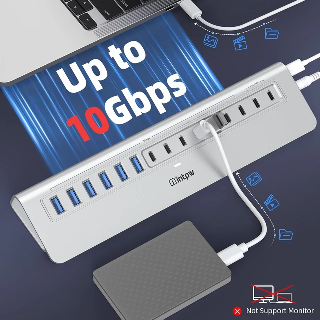 Alt view image 3 of 7 - Powered USB Hub 10Gbps 15-Port USB 3.2/USB C Hub (6 x USB-A 3.2 + 7 x USB-C 3.2 10Gbps +2 x PD 45W Fast Charging Ports) 3Ft Cable Aluminum USB Hub for PC/Laptop/iPhone 17/16/MacBook Neo