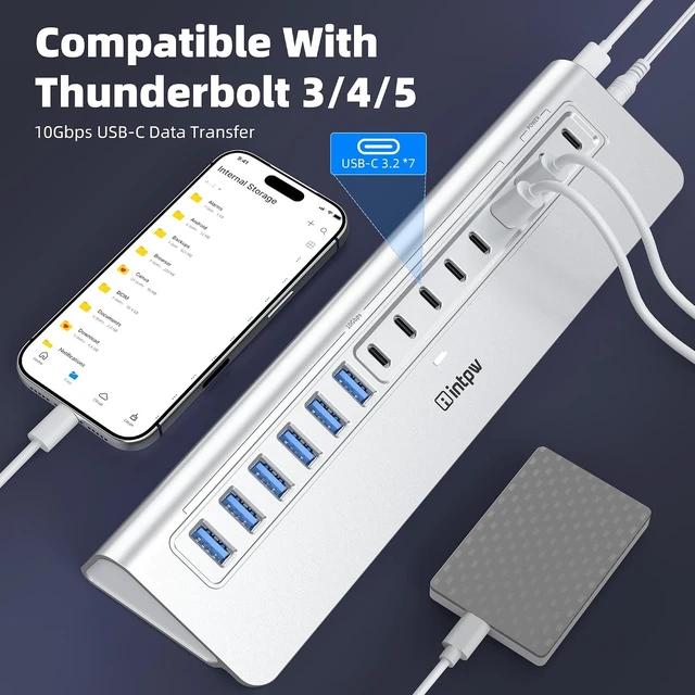 Alt view image 6 of 7 - Powered USB Hub 10Gbps 15-Port USB 3.2/USB C Hub (6 x USB-A 3.2 + 7 x USB-C 3.2 10Gbps +2 x PD 45W Fast Charging Ports) 3Ft Cable Aluminum USB Hub for PC/Laptop/iPhone 17/16/MacBook Neo