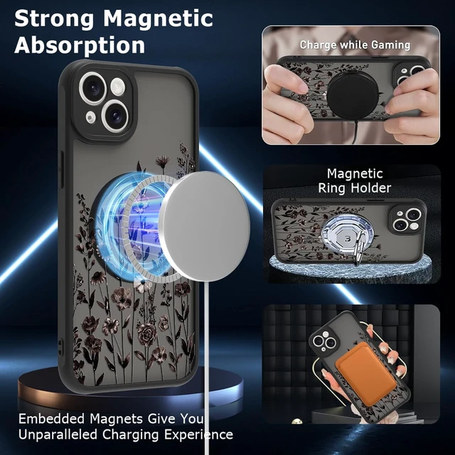 Alt view image 3 of 6 - Magnetic for iPhone 14 Case for Women Black Floral