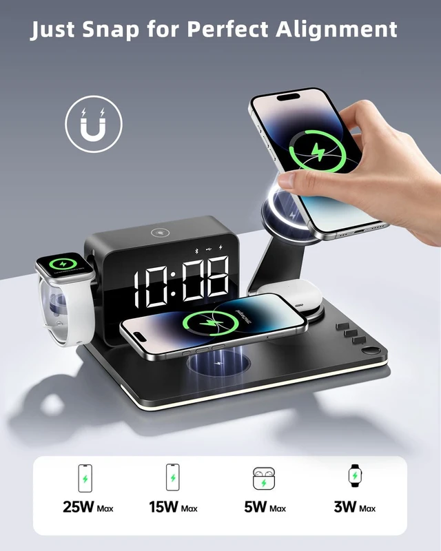 Alt view image 2 of 7 - 7-in-1 Magnetic Wireless Charging Station with Digital Clock & LED Lamp