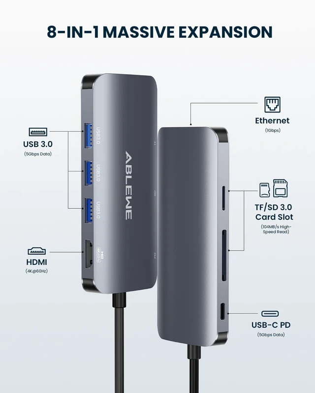 Alt view image 5 of 7 - USB C Hub Ethernet 8-in-1 Multiport USB C to HDMI Hub 4K@60Hz 1000Mbps 100W PD 3 USB 3.0 Ports Docking Station Compatible with MacBook Pro/Air Tablet Phone Type C Devices
