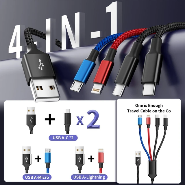 Alt view image 2 of 7 - Dual USB-C 4 in 1 Multi Charging Cable Charging Cords for Multiple Devices