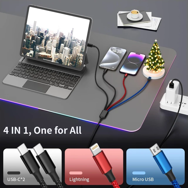 Alt view image 3 of 7 - Dual USB-C 4 in 1 Multi Charging Cable Charging Cords for Multiple Devices