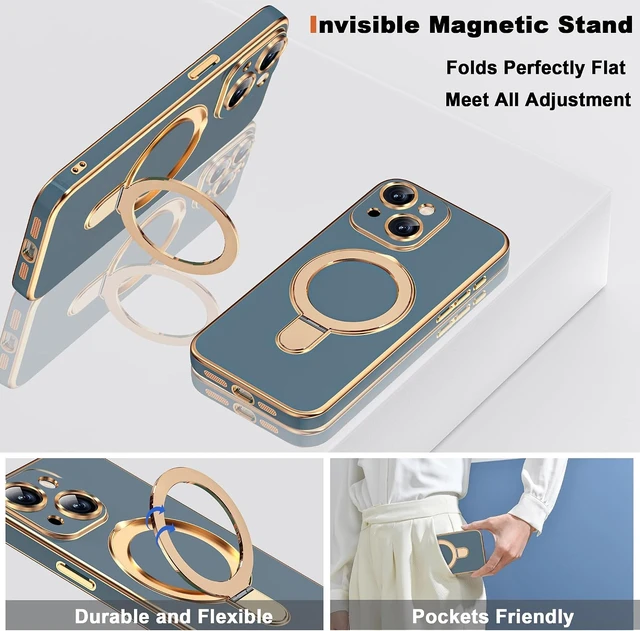 Alt view image 6 of 7 - Plating Phone Case for iPhone 14 with Stand 6.1 Grey Blue