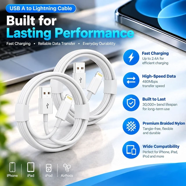 Alt view image 2 of 7 - USB A to Lightning Cable 2Pack 3FT Fast Charging CarPlay Charging Cord