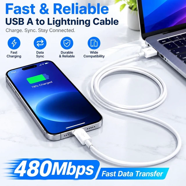 Alt view image 3 of 7 - USB A to Lightning Cable 2Pack 3FT Fast Charging CarPlay Charging Cord