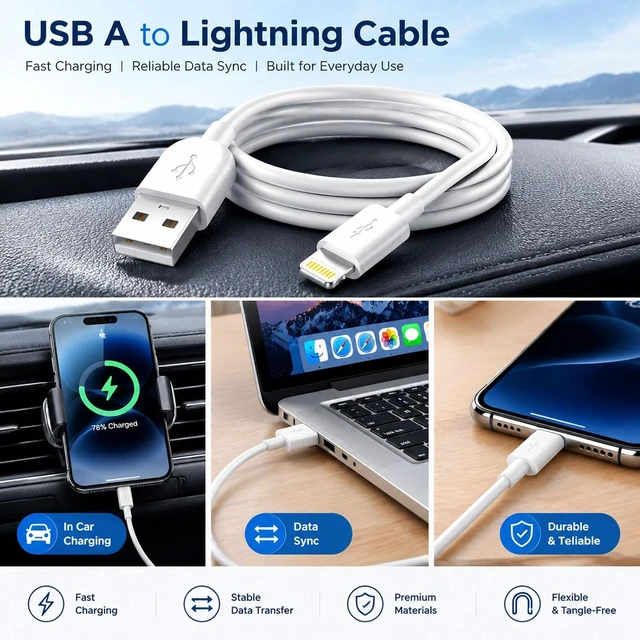 Alt view image 4 of 7 - USB A to Lightning Cable 2Pack 3FT Fast Charging CarPlay Charging Cord