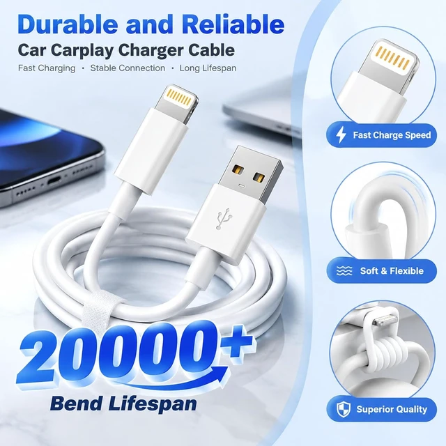 Alt view image 5 of 7 - USB A to Lightning Cable 2Pack 3FT Fast Charging CarPlay Charging Cord