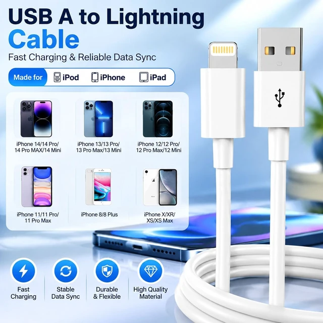 Alt view image 7 of 7 - USB A to Lightning Cable 2Pack 3FT Fast Charging CarPlay Charging Cord