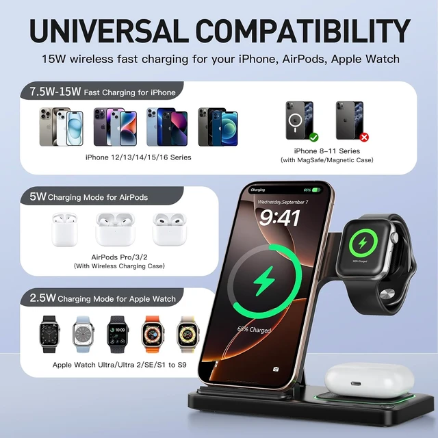 Alt view image 2 of 7 - 2026 Traveling Portable Wireless Fast Charger for & Android Charging Station 3 in 1 Charging for iPhone17 16 15 14 13 12 11 Watch & Air pods 4 3 2 Pro Galaxy-Gifts for Family