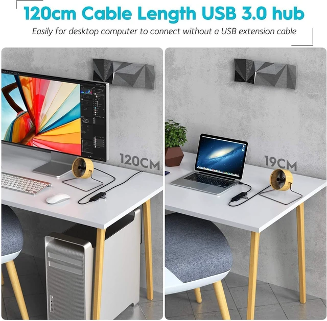 Alt view image 4 of 7 - USB Hub 3.0 Splitter with 4ft Extension Long Cable Cord 4-Port Ultra-Slim Multiport Expander for Desktop Computer PC Laptop Chromebook Mac mini iMac Flash Drive Data and More