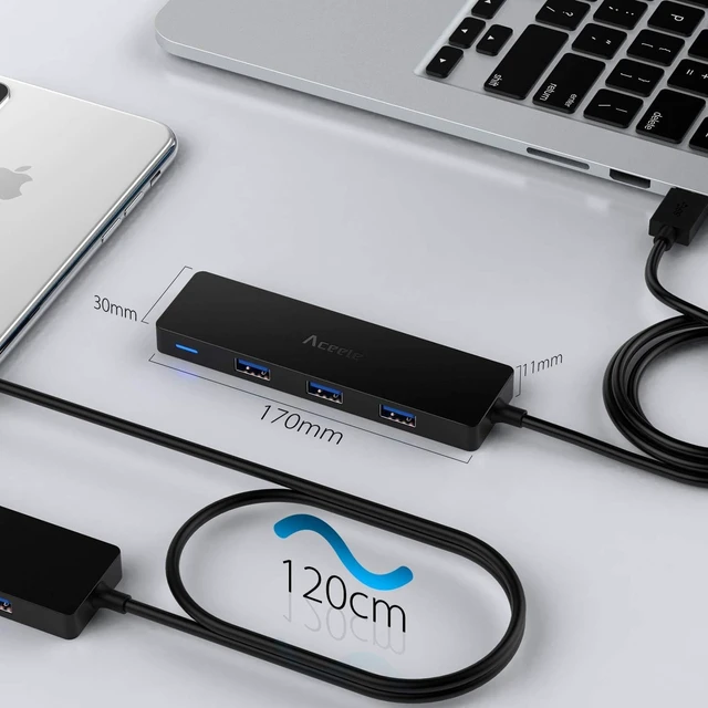 Alt view image 6 of 7 - USB Hub 3.0 Splitter with 4ft Extension Long Cable Cord 4-Port Ultra-Slim Multiport Expander for Desktop Computer PC Laptop Chromebook Mac mini iMac Flash Drive Data and More