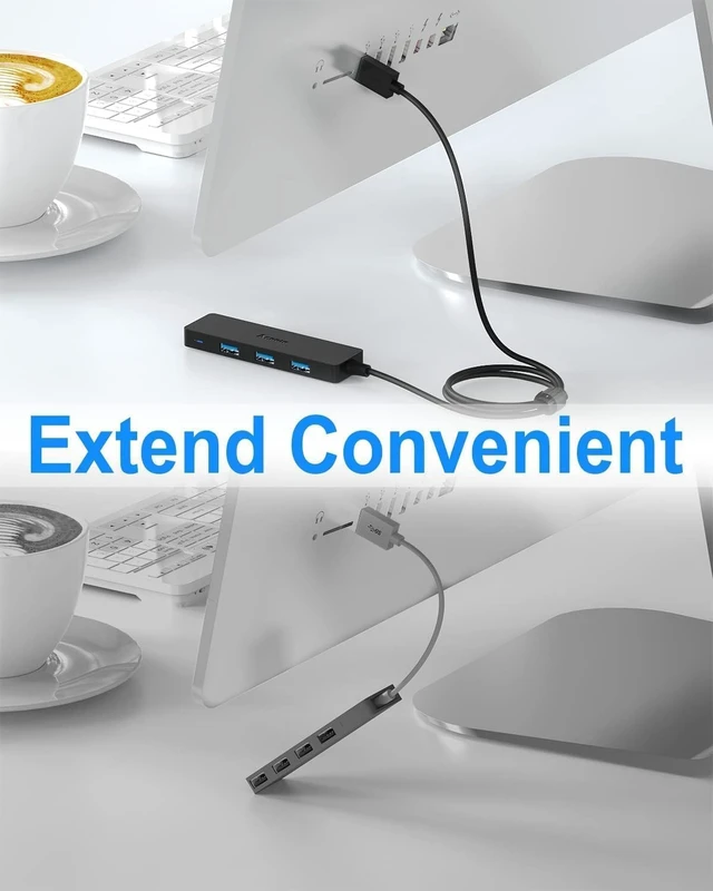 Alt view image 7 of 7 - USB Hub 3.0 Splitter with 4ft Extension Long Cable Cord 4-Port Ultra-Slim Multiport Expander for Desktop Computer PC Laptop Chromebook Mac mini iMac Flash Drive Data and More