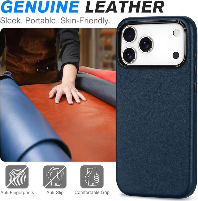 Alt view image 3 of 7 - Genuine Leather Case for iPhone 18 Pro Max/17 Pro Max Navy Blue