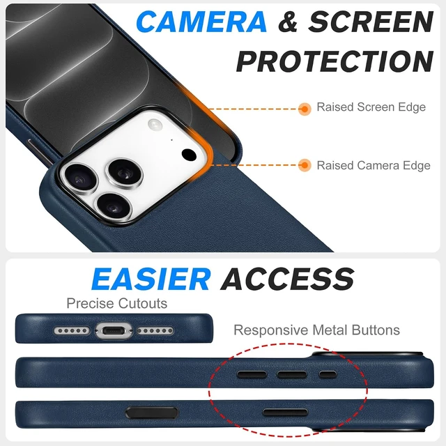 Alt view image 7 of 7 - Genuine Leather Case for iPhone 18 Pro Max/17 Pro Max Navy Blue