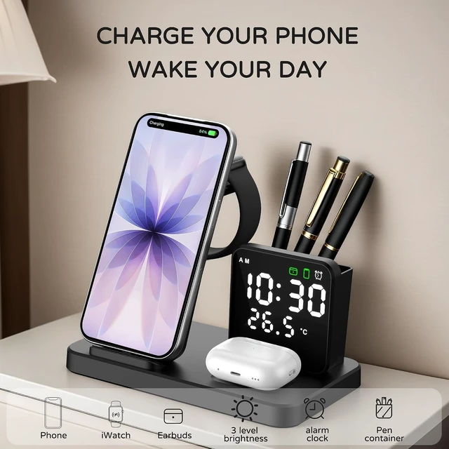 Alt view image 2 of 7 - 5 in 1 Wireless Charging Station with Alarm Clock Pen Holder Fast Wireless Charger for iPhone 17/16/15/14/13/12/Pro/Max/Air for iWatch & AirPods Charger Stand with Temperature Snooze Model Black