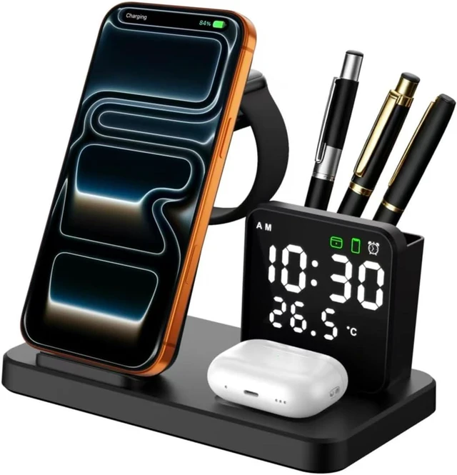 Main image of 5 in 1 Wireless Charging Station with Alarm Clock Pen Holder Fast Wireless Charger for iPhone 17/16/15/14/13/12/Pro/Max/Air for iWatch & AirPods Charger Stand with Temperature Snooze Model Black