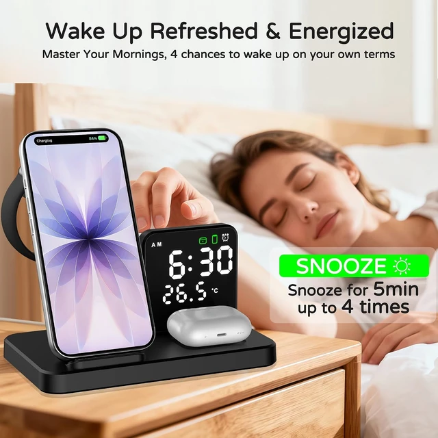 Alt view image 3 of 7 - 5 in 1 Wireless Charging Station with Alarm Clock Pen Holder Fast Wireless Charger for iPhone 17/16/15/14/13/12/Pro/Max/Air for iWatch & AirPods Charger Stand with Temperature Snooze Model Black