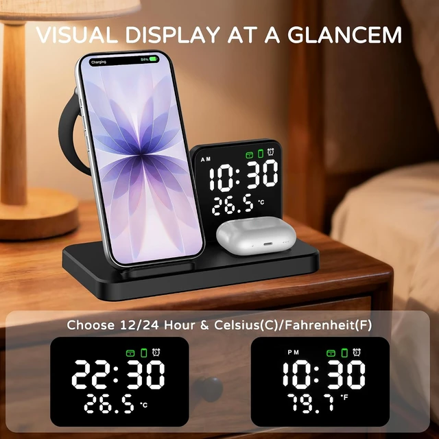 Alt view image 4 of 7 - 5 in 1 Wireless Charging Station with Alarm Clock Pen Holder Fast Wireless Charger for iPhone 17/16/15/14/13/12/Pro/Max/Air for iWatch & AirPods Charger Stand with Temperature Snooze Model Black