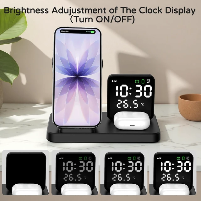 Alt view image 5 of 7 - 5 in 1 Wireless Charging Station with Alarm Clock Pen Holder Fast Wireless Charger for iPhone 17/16/15/14/13/12/Pro/Max/Air for iWatch & AirPods Charger Stand with Temperature Snooze Model Black
