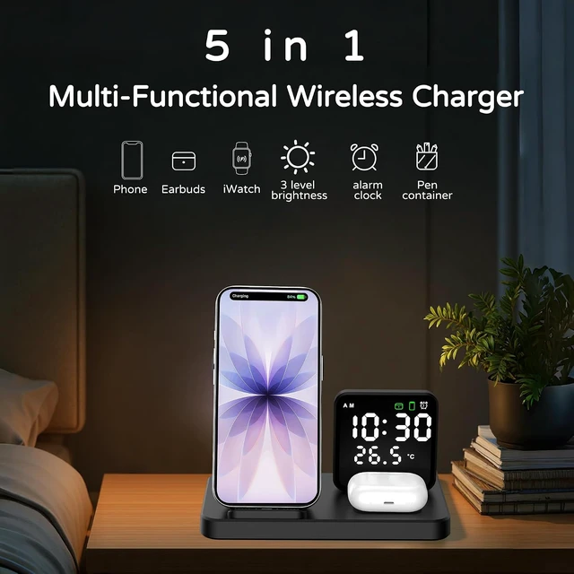 Alt view image 6 of 7 - 5 in 1 Wireless Charging Station with Alarm Clock Pen Holder Fast Wireless Charger for iPhone 17/16/15/14/13/12/Pro/Max/Air for iWatch & AirPods Charger Stand with Temperature Snooze Model Black