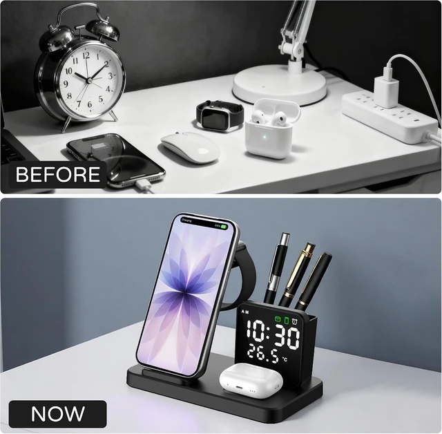 Alt view image 7 of 7 - 5 in 1 Wireless Charging Station with Alarm Clock Pen Holder Fast Wireless Charger for iPhone 17/16/15/14/13/12/Pro/Max/Air for iWatch & AirPods Charger Stand with Temperature Snooze Model Black