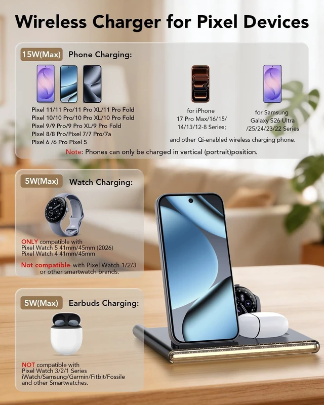 Alt view image 5 of 7 - 3 in 1 Wireless Foldable Charging Station for Google Pixel Watch 5 4