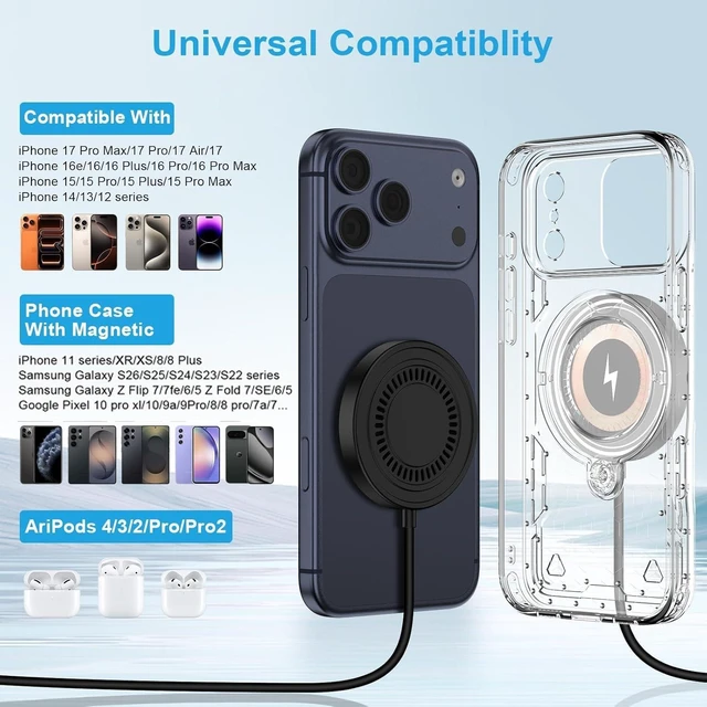 Alt view image 6 of 7 - for S26 Ultra Magnetic Wireless Charger Fast Charging Pad for Galaxy S26 S26+ S25 FE Ultra S24 S23 S22 S21 Z Fold7 15W USB-C/A Android Phone Wireless Magsafe Charger for iPhone 17e 17 16 15 14
