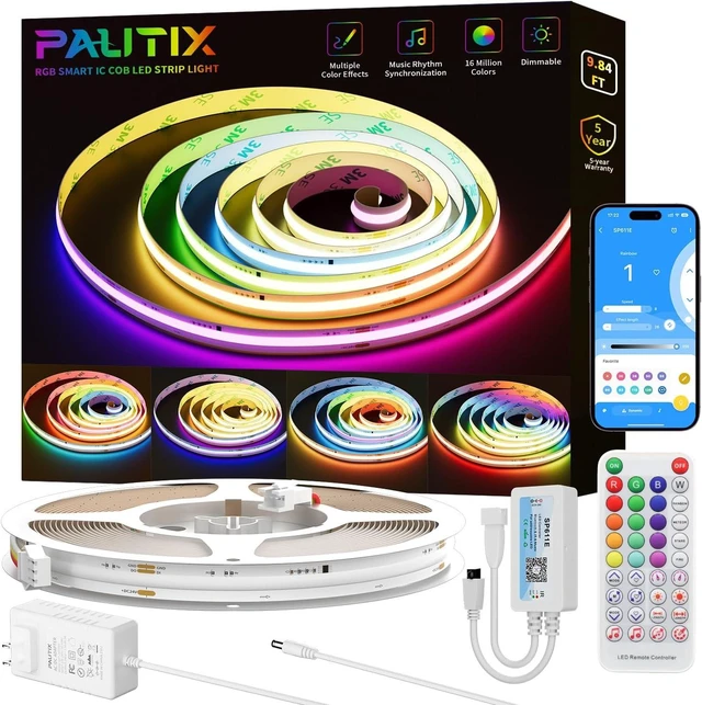 Main image of RGB Smart IC COB LED Strip Light Addressable 9.84ft/3m UL-Listed DC24V Color Chasing Strip Light Multicolor Flexible Tape Lights Kit with Remote for Cabinets TV Bedroom Party DIY Decoration