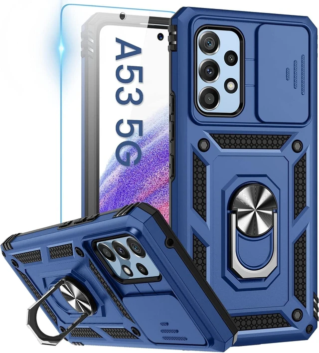 Main image of Compatible with Galaxy A53 5G Case with Camera Cover & Kickstand Ring with Tempered Glass Screen Protector Military Grade Shockproof Protective Bumper Cover Blue