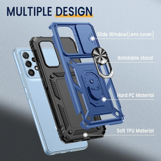 Alt view image 3 of 7 - Compatible with Galaxy A53 5G Case with Camera Cover & Kickstand Ring with Tempered Glass Screen Protector Military Grade Shockproof Protective Bumper Cover Blue