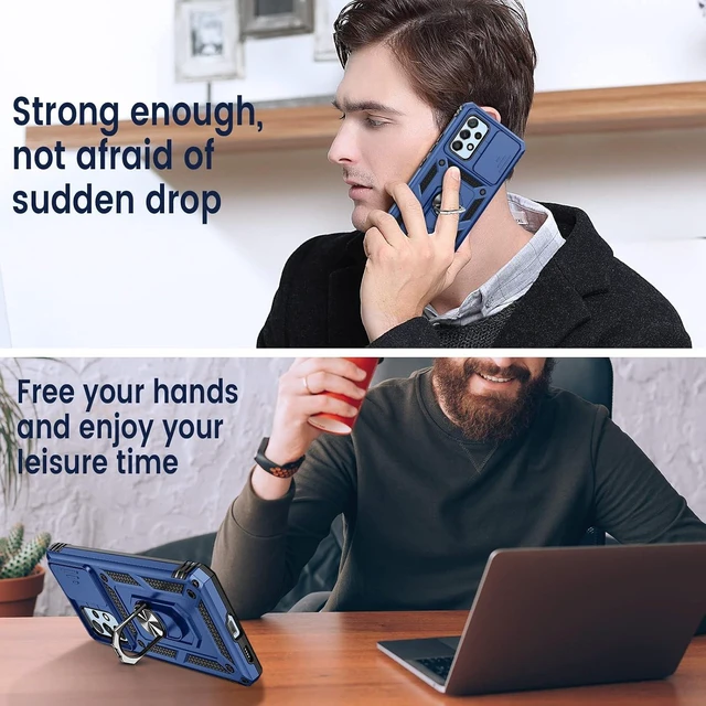 Alt view image 6 of 7 - Compatible with Galaxy A53 5G Case with Camera Cover & Kickstand Ring with Tempered Glass Screen Protector Military Grade Shockproof Protective Bumper Cover Blue