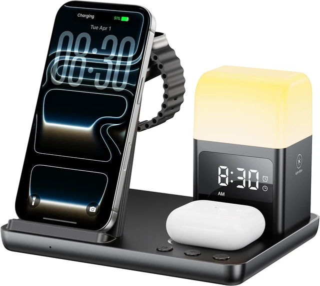 Main image of 6 in 1 Wireless Charging Station for Multiple Devices, Wireless Charger for iPhone 17-12 & , Watch/AirPods, Charging Station with Alarm Clock, Light Charger Stand for Nightstand, Gifts
