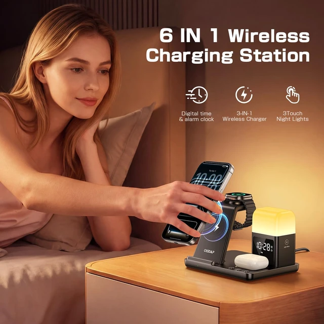 Alt view image 2 of 7 - 6 in 1 Wireless Charging Station for Multiple Devices, Wireless Charger for iPhone 17-12 & , Watch/AirPods, Charging Station with Alarm Clock, Light Charger Stand for Nightstand, Gifts