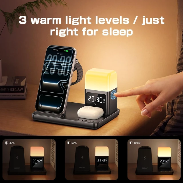Alt view image 3 of 7 - 6 in 1 Wireless Charging Station for Multiple Devices, Wireless Charger for iPhone 17-12 & , Watch/AirPods, Charging Station with Alarm Clock, Light Charger Stand for Nightstand, Gifts
