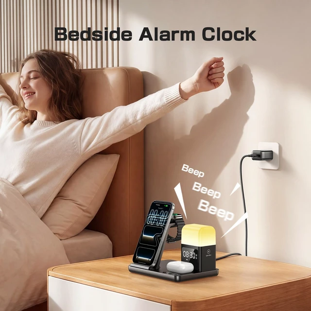 Alt view image 4 of 7 - 6 in 1 Wireless Charging Station for Multiple Devices, Wireless Charger for iPhone 17-12 & , Watch/AirPods, Charging Station with Alarm Clock, Light Charger Stand for Nightstand, Gifts