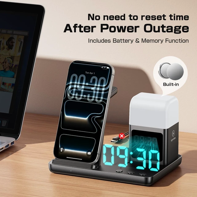 Alt view image 5 of 7 - 6 in 1 Wireless Charging Station for Multiple Devices, Wireless Charger for iPhone 17-12 & , Watch/AirPods, Charging Station with Alarm Clock, Light Charger Stand for Nightstand, Gifts